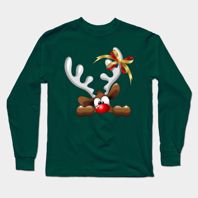 Funny Christmas Reindeer Cartoon Long Sleeve T-Shirt by BluedarkArt